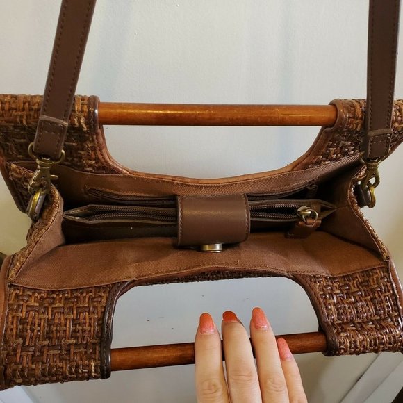 Fossil‎ Brown Straw Rattan Woven Bohemian Shoulder Bag Wooden Handles 11 X 8 - Picture 7 of 12